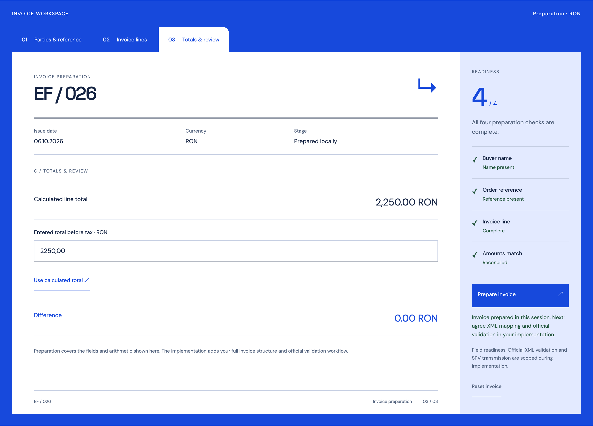 Invoice total review after resolving buyer and reference fields and reconciling the before-tax amount